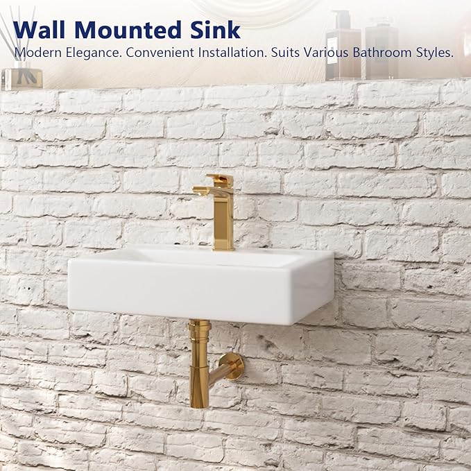 DeerValley 18x12 Inch Wall Mounted Bathroom Sink, White Ceramic Rectangular Vessel Sink with Faucet Hole, Art Sink, DV-1WS0128