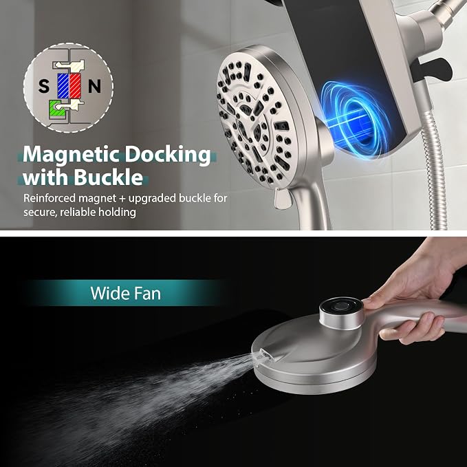 Foldable Rainfall Shower Head 9 Spray Settings/Modes Handheld Showerheads | High Pressure Shower Heads with Handheld Spray Combo, Built-in Magnetic Docking, Power Jets, Stainless Steel Shower Hose