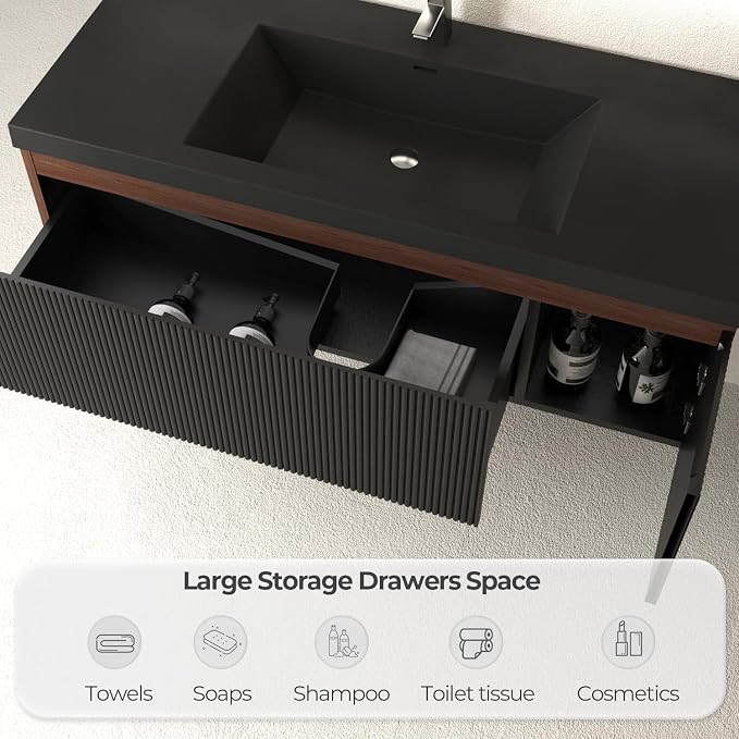 48 Inch Floating Bathroom Vanity with Sink, Wall Mounted Striped Storage Cabinet, Soft Close Drawer, Black Quartz Sand Basin, Fully Assembled, Smoked Walnut Finish