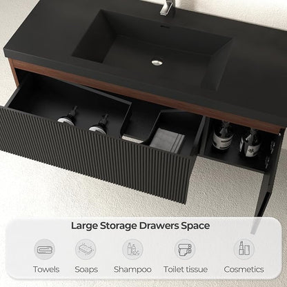 48 Inch Floating Bathroom Vanity with Sink, Wall Mounted Striped Storage Cabinet, Soft Close Drawer, Black Quartz Sand Basin, Fully Assembled, Smoked Walnut Finish