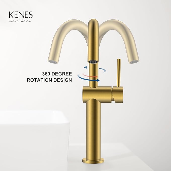 KENES Brushed Gold Tall Bathroom Faucet, Single Handle Vessel Sink Faucet Single Hole, Modern Bathroom Vanity Faucet with Pop Up Drain and Supply Lines, KE-9005C-4