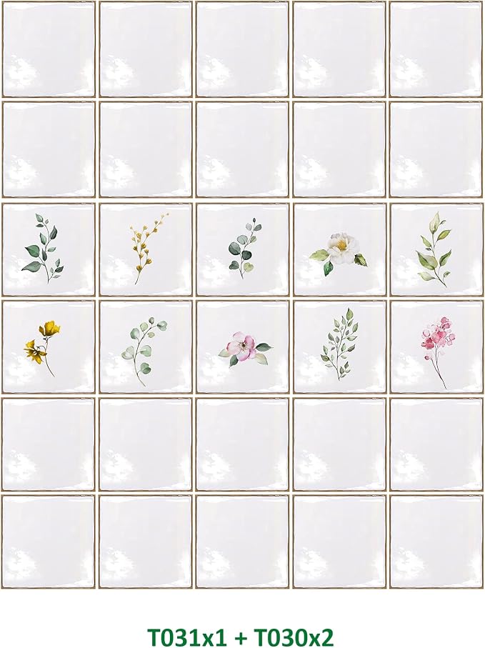 Alwayspon Vinyl Sticker Peel and Stick, Self-Adhesive Wall Tile Transfers Backsplash Sticker Decal for Kitchen Bathroom, 6x6inch/15x15cm 30Pcs, Leaves T031