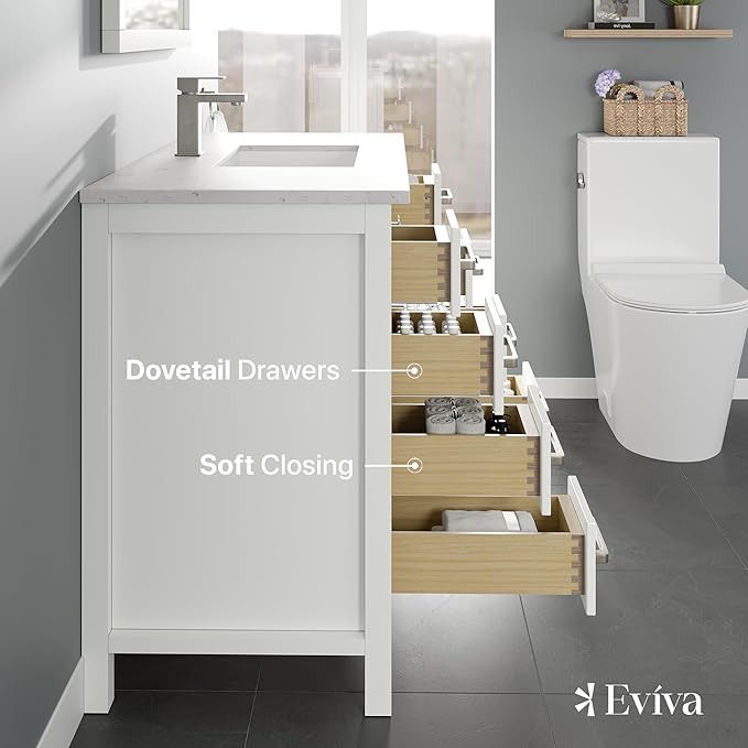 Eviva London 42 Inch Vanity with Top – Bath Vanity with Sink and Countertop, White Bathroom Sink Cabinet with Quartz Countertop and Porcelain Single Sink for Modern Bathrooms