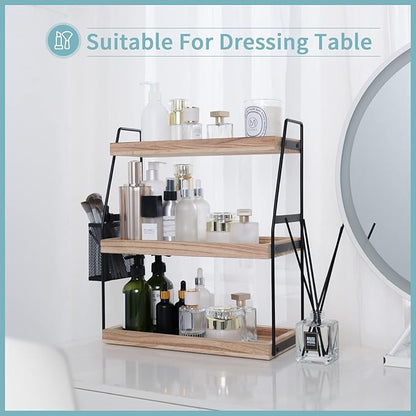 Bathroom Organizer Countertop, 3-Tier Standing Counter Shelf with Basket, Wood Tray for Kitchen Vanity Organizer