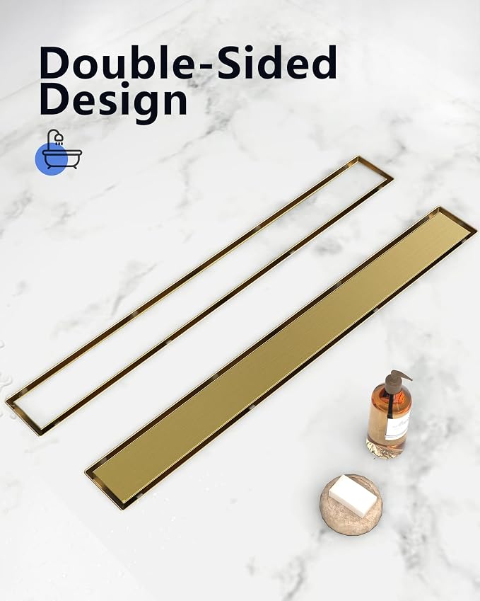 YEFU Gold Shower Drain 18 Inch with Tile Insert, Linear Drain for Bathroom | Anti-Corrosion, Fast Drainage, Hair Catcher, 304 Stainless Steel, Easy Clean, Linear shower Drain Fits Hotel Toilet Balcony