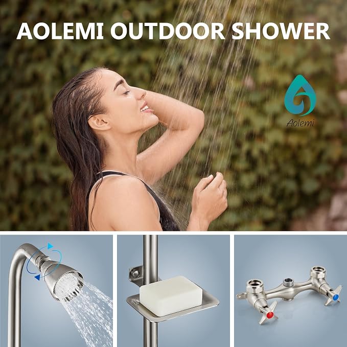 Aolemi Outdoor Shower Kit,2-Handle with Soap Dish,Brushed Nickel | Solid Brass Showerhead and Valve,SUS304 Riser,6-Inch Centers,Soap Dish,Reversible Upward/Downward Exposed Shower Install
