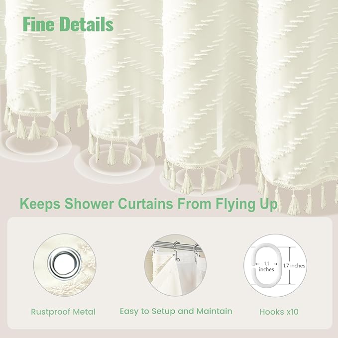 Dynamene Stall Shower Curtain and Liner Set - 54 x 78 inch Long Boho Shower Curtain and Waterproof Clear Liner, Tufted Chevron Striped Tassel Shower Curtains for Bathroom, 10 Hooks, 54x78, Cream
