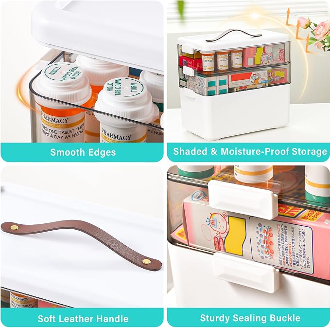 Homaigie Extra Tall 3-Tier Medicine Cabinet Organizer for Medicine Bottles Organizer, Portable Medicine Storage Box with Leather Handle, Empty First Aid Kit Container for Home, Classroom