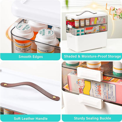 Homaigie Extra Tall 3-Tier Medicine Cabinet Organizer for Medicine Bottles Organizer, Portable Medicine Storage Box with Leather Handle, Empty First Aid Kit Container for Home, Classroom