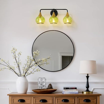Black and Gold Bathroom Vanity Light 3-Lights Bathroom Light Fixtures Over Mirror with Green Clear Glass Shade 22.4 inch Wall Sconce Lighting Bath(Exclude E26 Bulb)