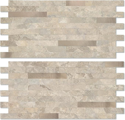 Yipscazo 20 Sheets Peel and Stick Stone Metal Backsplash, PVC Wall Tiles Stick on Tiles for Backsplash Kitchen, Bathroom, Fireplace (6'' X 12'', Beige Stone)