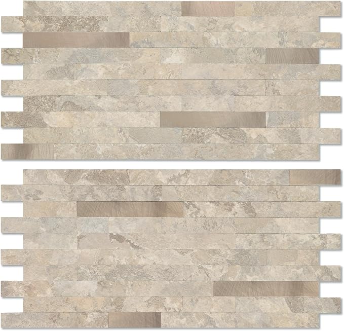 Yipscazo 10 Sheets Peel and Stick Stone Metal Backsplash, PVC Wall Tiles Stick on Tiles for Backsplash Kitchen, Bathroom, Fireplace (6'' X 12'', Beige Stone)