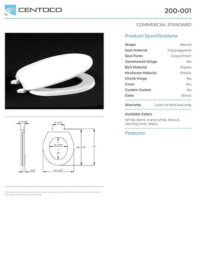 Centoco Toilet Seat Round, Closed Front with Cover, Residential, Plastic, Made in the USA, 200-416, Biscuit