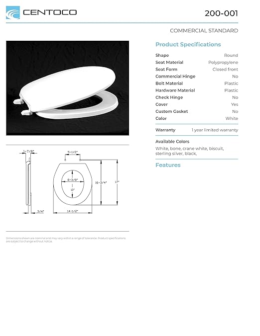 Centoco Toilet Seat Round, Closed Front with Cover, Residential, Plastic, Made in the USA, 200-106, Bone