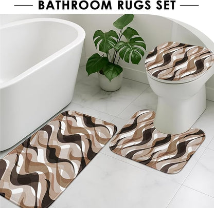 Bathroom Sets with Shower Curtain and Rugs, 4 Pcs, Geometric Ombre | Abstract Modern Lines Bathroom Decor Set with Toilet Lid Cover, Non-Slip Bath Mats and Accessories 12 Hooks
