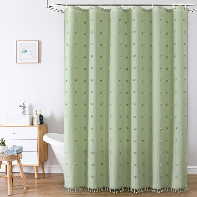 LilyCat Green Farmhouse Tufted Floral Shower Curtain with Tassel, 72" x 72" | Waterproof Boho Fabric Shower Curtain Set with Hooks, Cute Rustic Vintage Bathroom Décor, Minimalist Cloth Bathroom Curtain