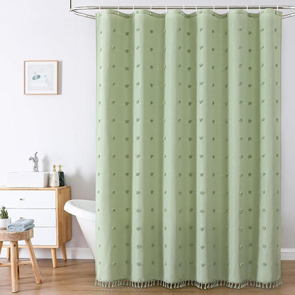 LilyCat Green Farmhouse Tufted Floral Shower Curtain with Tassel, 72" x 72" | Waterproof Boho Fabric Shower Curtain Set with Hooks, Cute Rustic Vintage Bathroom Décor, Minimalist Cloth Bathroom Curtain