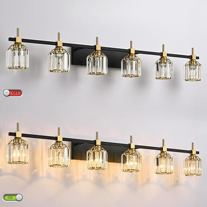 SOLFART Crystal 6 Light Bathroom Vanity Light Wall Bathroom Light Fixtures Black Bronze Light Fixtures for Bath Above Mirror 6T