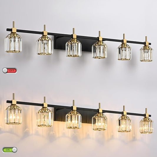 SOLFART Crystal 6 Light Bathroom Vanity Light Wall Bathroom Light Fixtures Black Bronze Light Fixtures for Bath Above Mirror 6T