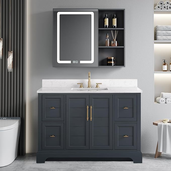 Vanity Art 48 Inch Single Sink Bathroom Vanity with Stone Top | Undermount Rectangular Sink Cabinet Soft Closing Doors, Dovetailed Drawers, No Mirror VA5048-VSB