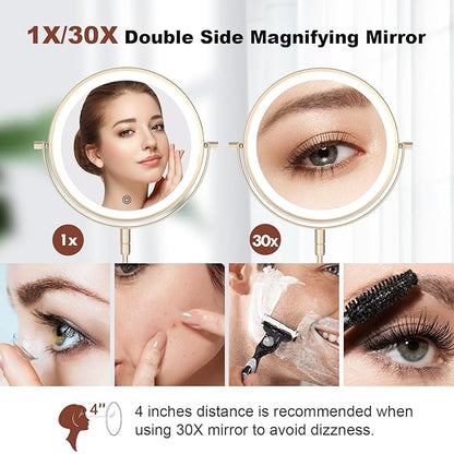 5000mAh Rechargeable Wall Mounted Makeup Mirror - 8 Inch Double Sided 1X/30X Magnifying Mirror with 3 Color Lights Dimmable Touch Screen, 360°Swivel 19.6 Inch Extendable Accordion Bathroom Mirror