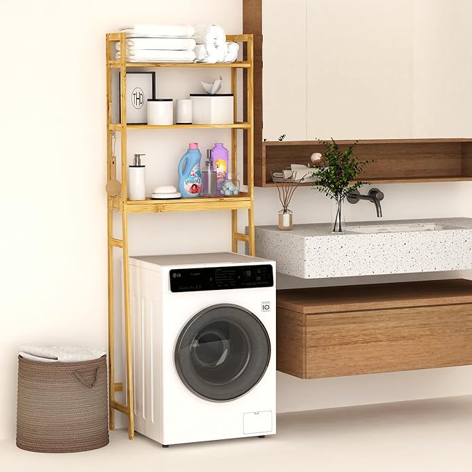 BAMBANG Over The Toilet Storage Rack, 3-Tier Over The Toilet Storage Shelf with 3 Hooks, Freestanding Above Toilet Bathroom Organizer Shelves for Space Saver Storage, Bamboo Natural