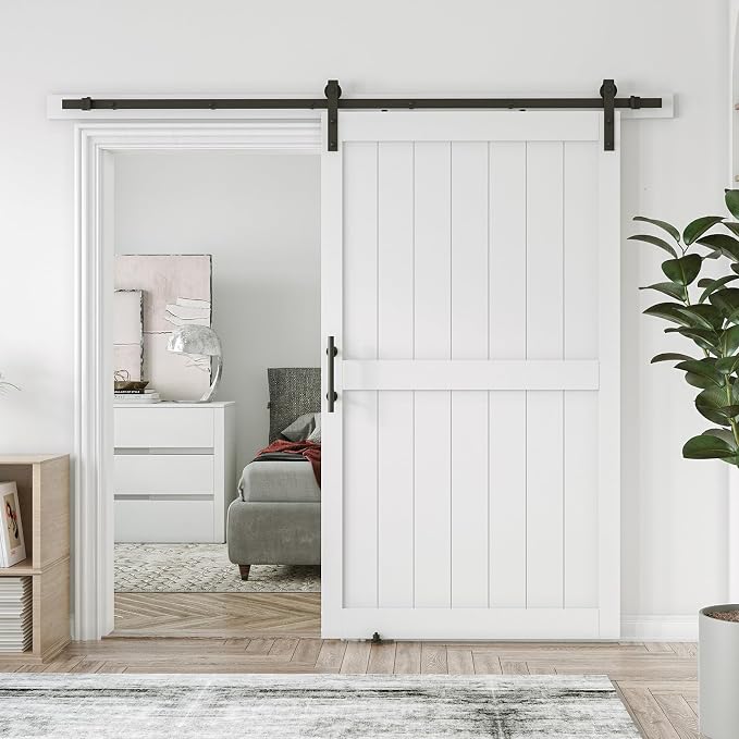 48in x 96in MDF Sliding Barn Door with 8ft Barn Door Hardware Kit & Handle | White Solid Barn Door Slab Covered with Water-Proof PVC Surface, Pre-Drilled Holes Easy Assembly, H-Frame