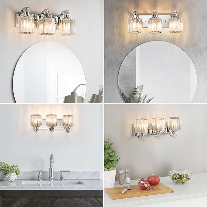 Chrome Bathroom Light Fixtures with K9 Crystal Lampshade Bathroom Lighting Over Mirror Vanity Lights for Living Room,Bedroom,Restroom,Hallway 3 Lights