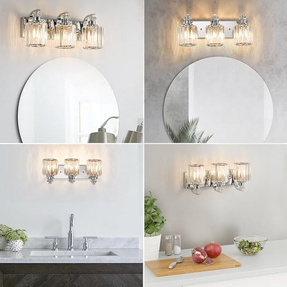 Chrome Bathroom Light Fixtures with K9 Crystal Lampshade Bathroom Lighting Over Mirror Vanity Lights for Living Room,Bedroom,Restroom,Hallway 3 Lights