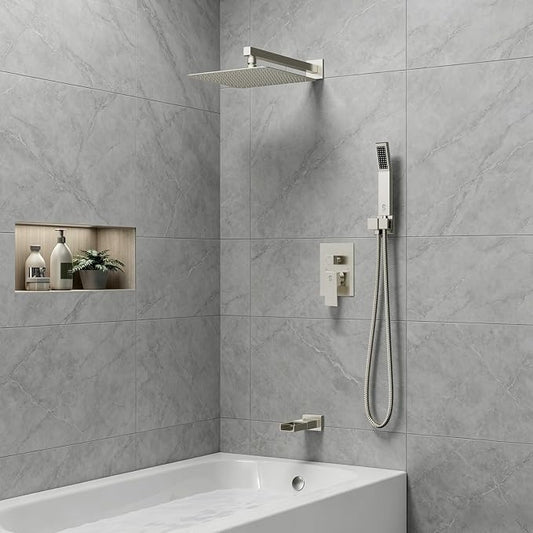 SR SUN RISE 12 Inch All Metal Square Shower System with Tub Spout, Tub Shower Faucet Set, High Pressure Rain Shower Head and Handheld Sprayer Shower Fixtues, Valve Included, Brushed Nickel