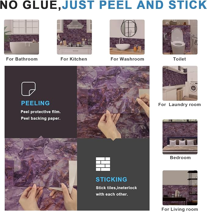 URCOLOR 32-Piece Peel and Stick Backsplash Wall Tile, 4"x 8" PVC Glossy Purple Marble Stick on Subway Tiles for Kitchen, Bathroom, Laundry Room, Camper, Fireplace