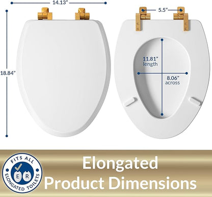 Mayfair Bennett Toilet Seat with Brushed Gold Hinges, Slow Close Wood Seat, Secure Metal Hinges, Easy Install, Made in USA, Elongated, White