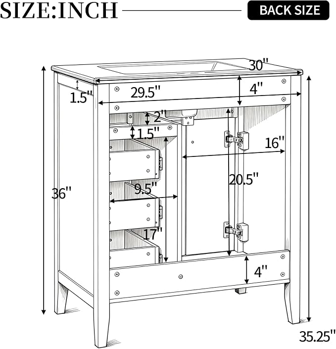 Merax 30 Inch Bathroom Vanities with Undermount Ceramic Sink, Storage Cabinet with Soft Closing Doors and Three Drawers, Solid Wood Frame, White