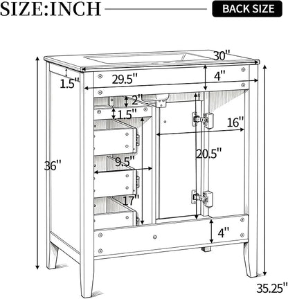 Merax 30 Inch Bathroom Vanities with Undermount Ceramic Sink, Storage Cabinet with Soft Closing Doors and Three Drawers, Solid Wood Frame, White