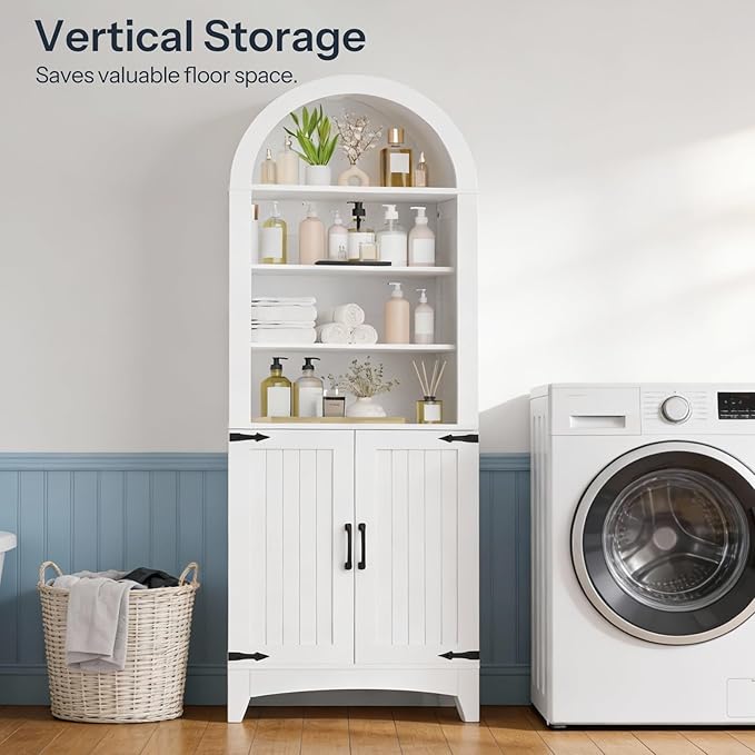 HOOBRO 67" Tall Bathroom Storage Cabinet, Arched Freestanding Floor Cabinet with 3 Adjustable Shelves and 2 Doors for Small Space, Space Saving Organizer for Bathroom, Kitchen, Living Room, White