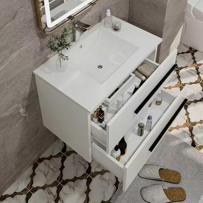 30 Inch Bathroom Vanity, Modern Wall Mounted Floating Bathroom Vanity, Bathroom Vanities Sink Cabinet with Storage Drawers & Metal Handles (White Without Ceramic Sink 30")