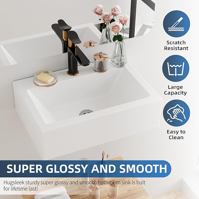 Floating Bathroom Vessel Sink Wall Mount, Hugsleek 16 x 12 inch Rectangle White Porcelain Ceramic Vessel Sink Wall Mounted Hang Bath Sink Bowl Basin Lavatory Vanity Restroom With Faucet Hole