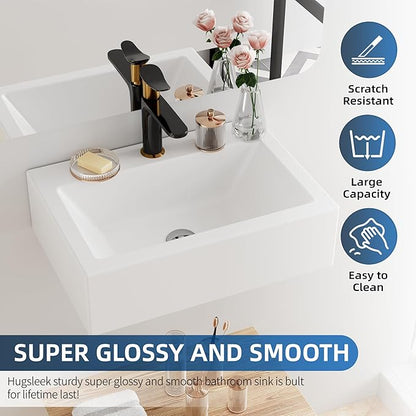 Floating Bathroom Vessel Sink Wall Mount, Hugsleek 16 x 12 inch Rectangle White Porcelain Ceramic Vessel Sink Wall Mounted Hang Bath Sink Bowl Basin Lavatory Vanity Restroom With Faucet Hole