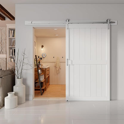 48''x84'' Sliding Barn Door with 8 Ft Brushed Nickel Hardware Kit | Pre-Drilled Holes Easy Assembly - Include Installation Manual, Water-Proof PVC Surface, H-Frame, White
