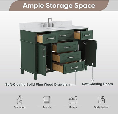 48 Inch Green Bathroom Vanity with Sink, Fully Assembled Bathroom Vanities with Soft Closing Doors & Dovetail Drawers, Solid Wood Vanity Bathroom, 48 Inch Vanity with Sink