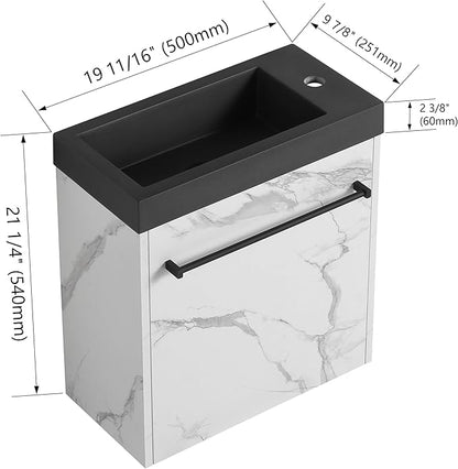 20" Small Bathroom Vanity with Black Sink Floating Bathroom Vanity Cabinet with Storage Wall Mounted Narrow Vanities Bathroom Vanity with White Marble Grain Flat Door for Home Bath