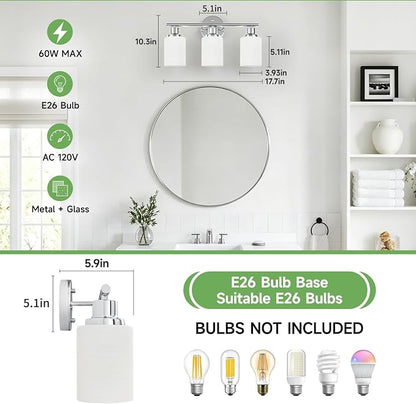 3-Light Chrome Vanity Lights for Mirror, Bathroom Light Fixtures with Textured Milky White Glass Shade, Modern Kitchen Light Fixtures Wall Sconce Light