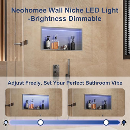 RGB LED Light Shower Niche, Brushed 24X12 in Stainless Steel Wall Cabinet with Remote Control, Waterproof No Tile Needed Wall Niche for Bathroom Storage Built-in Installation