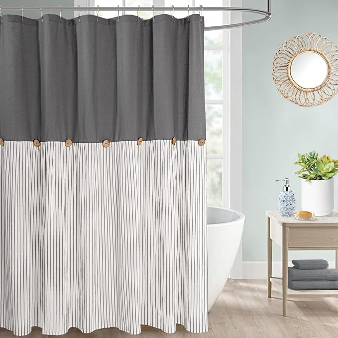 DOSLY IDÉES Farmhouse Shower Curtain, Beige and Gray Stripe, Button Curtain, Linen and Cotton Woven Fabric, Rustic Charm Country Chic Style, 72x72 in