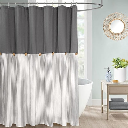 DOSLY IDÉES Farmhouse Shower Curtain, Beige and Gray Stripe, Button Curtain, Linen and Cotton Woven Fabric, Rustic Charm Country Chic Style, 72x72 in