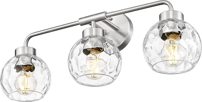 zeyu Brushed Nickel Bathroom Light Fixtures, 23 Inch 3-Light Modern Vanity Light Over Mirror with Water Ripple Globe Glass, Brushed Nickel Finish, ZS62BG-3W BN-WG