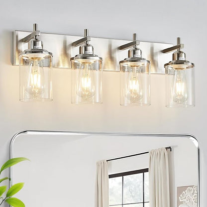 4-Light Brushed Nickel Bathroom Light Fixture Over Mirror Modern Bathroom Vanity Light Vintage Wall Lighting with Clear Glass Shade for Bathroom, Bedroom, Hallway, Cabinet