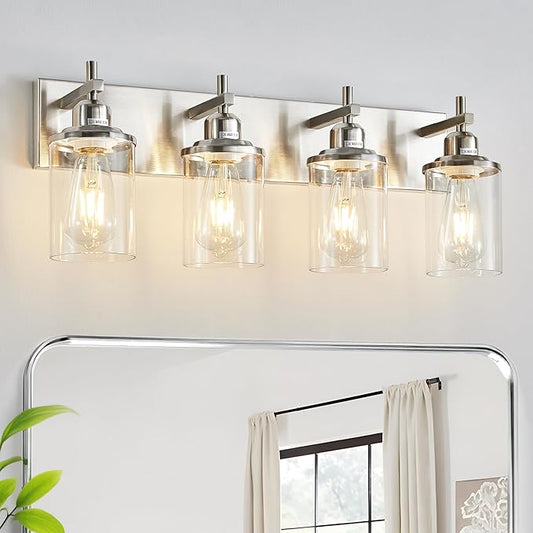 4-Light Brushed Nickel Bathroom Light Fixture Over Mirror Modern Bathroom Vanity Light Vintage Wall Lighting with Clear Glass Shade for Bathroom, Bedroom, Hallway, Cabinet