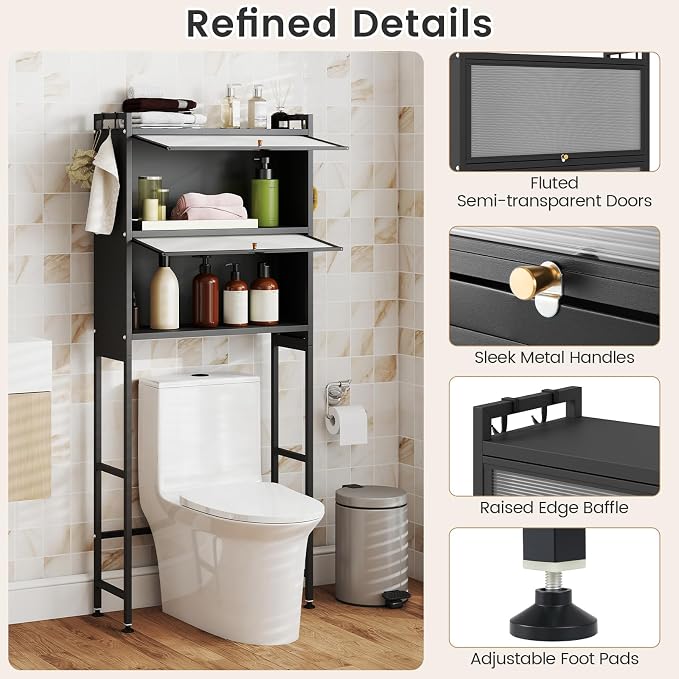 BECOMFORT Over The Toilet Storage Cabinet, Above Toilet Bathroom Shelf with Flip-up PC Doors, Metal Stand & 4 Hooks, Freestanding Space Saver, Over Toilet Bathroom Organizer for Laundry Room (Black)