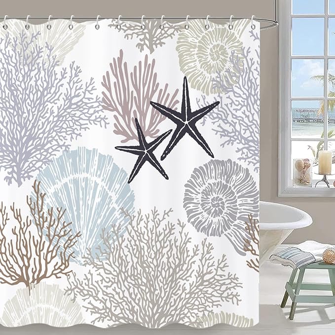 Nautical Coastal Shower Curtain, Brown Tan Blue Ocean Beach Seashell Starfish Themed Bathroom Curtain Waterproof Fabric Machine Washable with Hooks, 72" Wx84 L